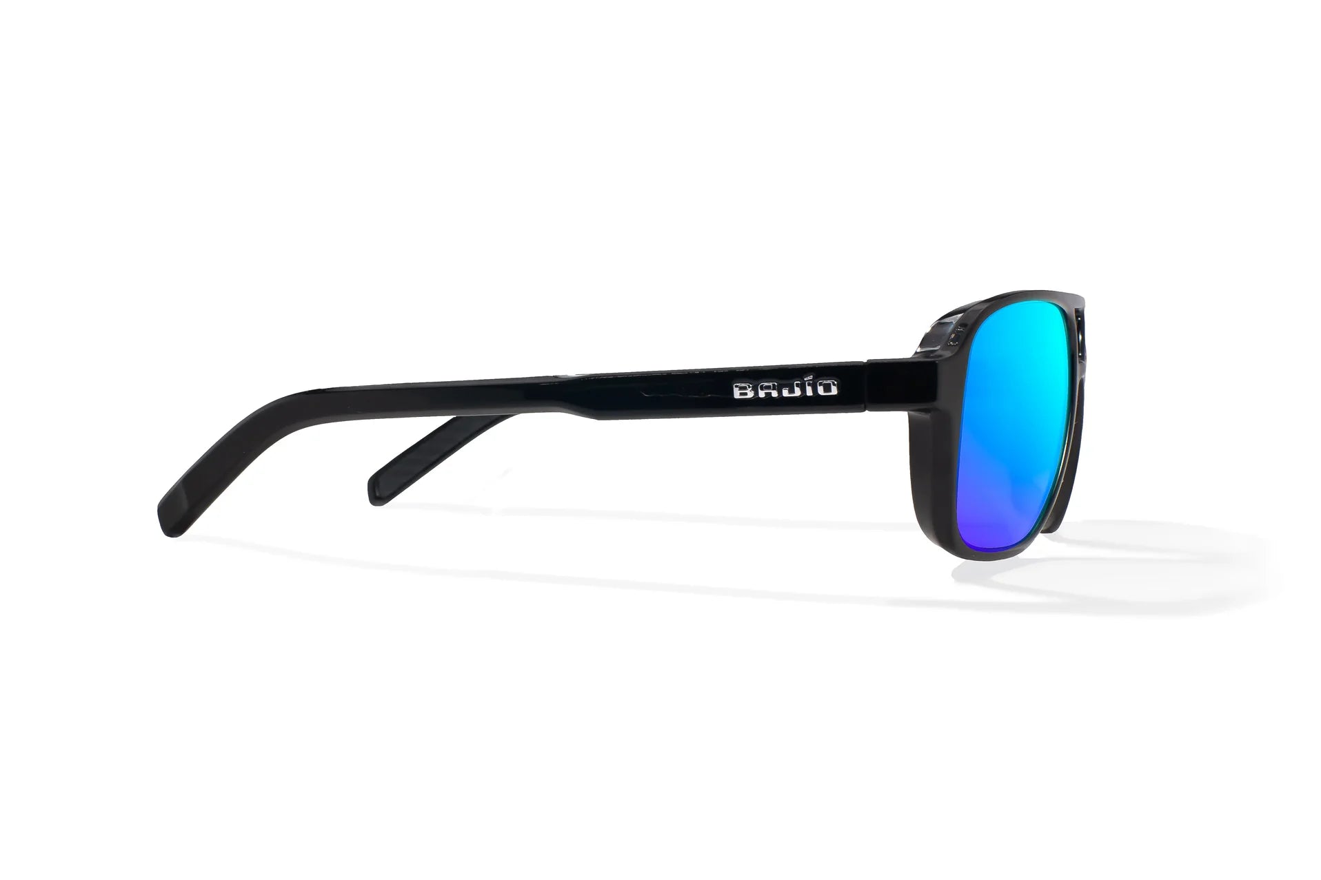 Bajio 12 South Sunglasses - Side View, Black Gloss Frame with Blue Mirror Lens