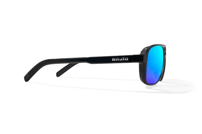 Bajio 12 South Sunglasses - Side View, Black Gloss Frame with Blue Mirror Lens