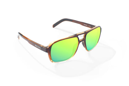 Bajio 12 South Sunglasses - Angled View, Whiskey Fade Gloss Frame with Green Mirror Lens
