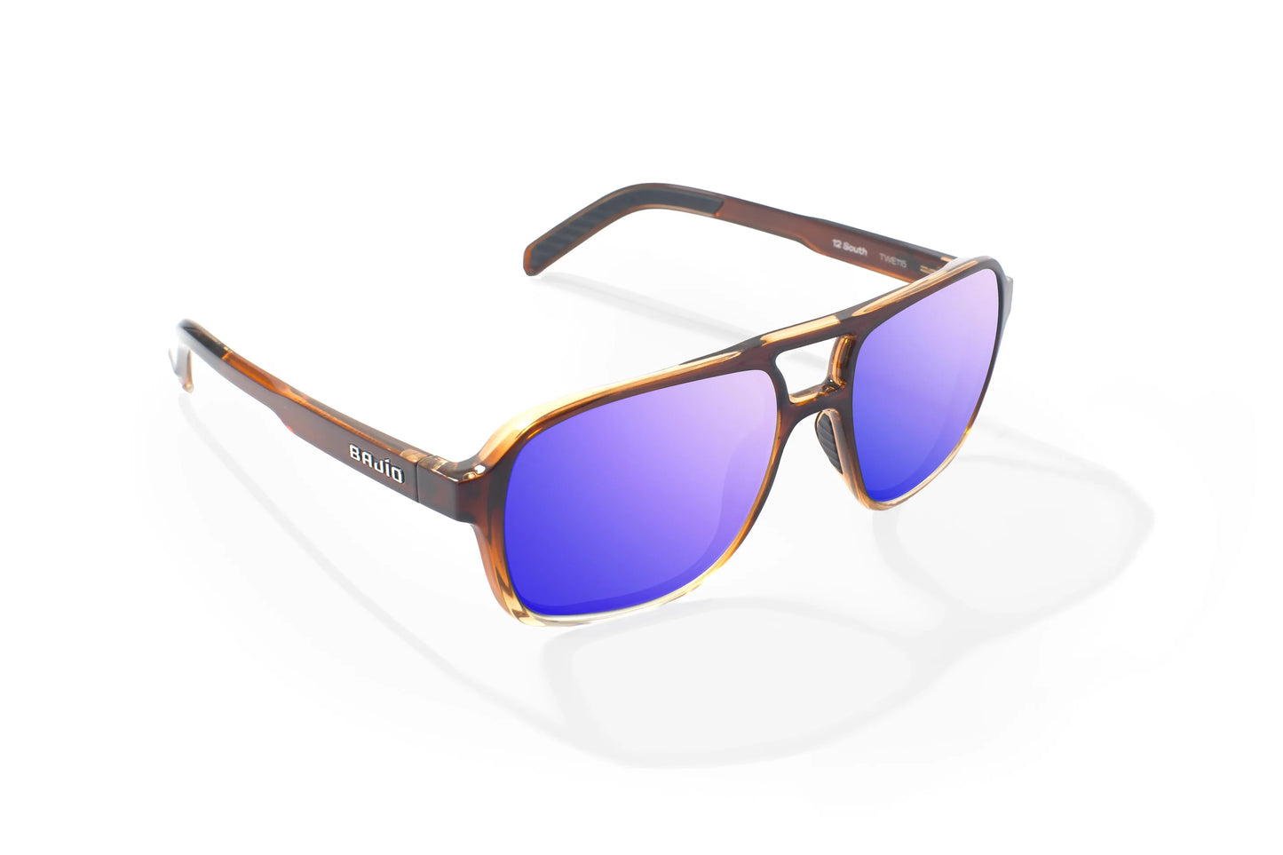Bajio 12 South Sunglasses - Angled View, Whiskey Fade Gloss Frame with Violet Mirror Lens
