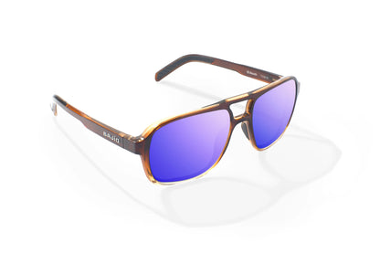 Bajio 12 South Sunglasses - Angled View, Whiskey Fade Gloss Frame with Violet Mirror Lens
