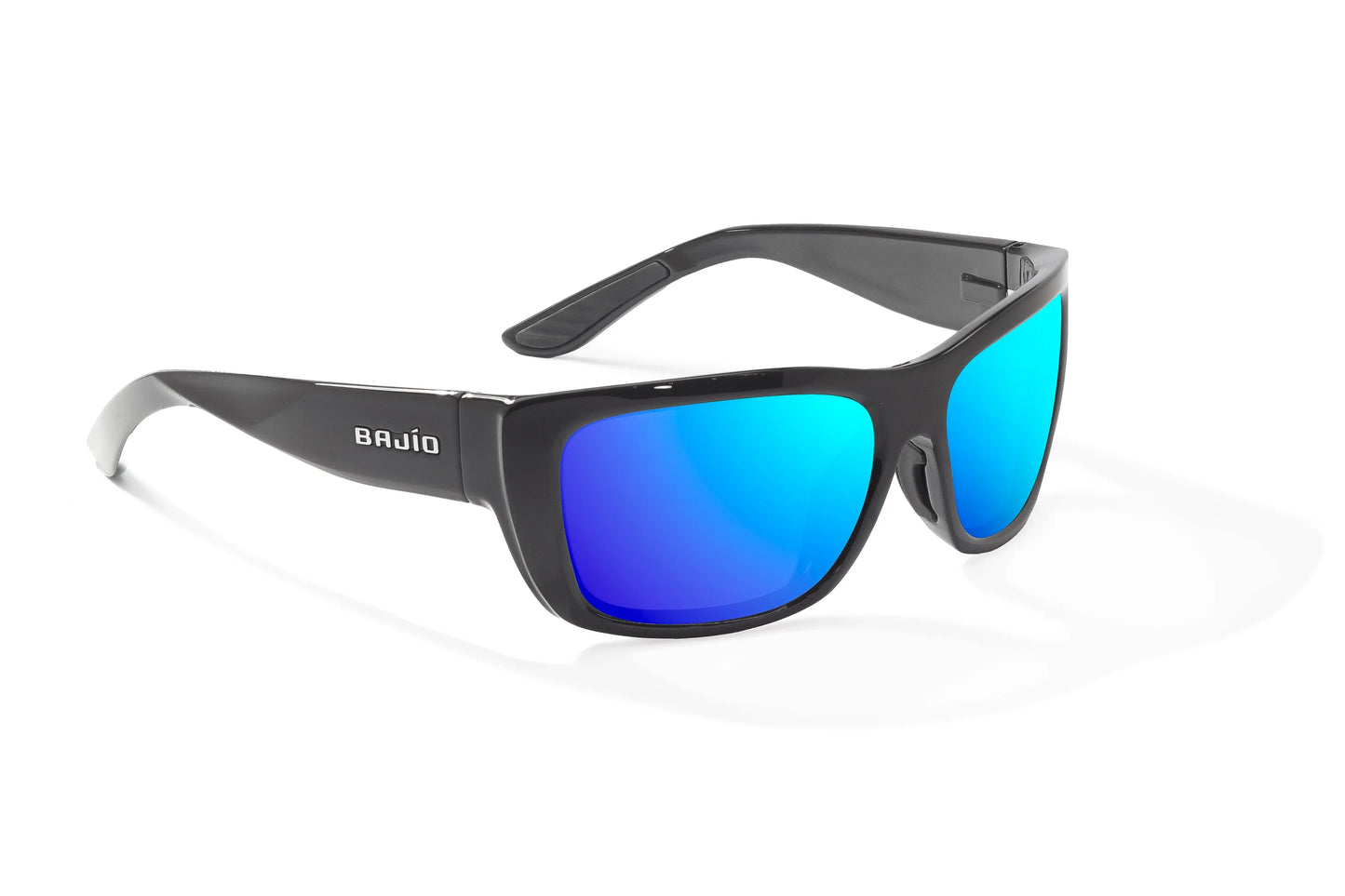 Bajío Annette Sunglasses - Angled View, Black Gloss Frame with Blue Mirror Lens