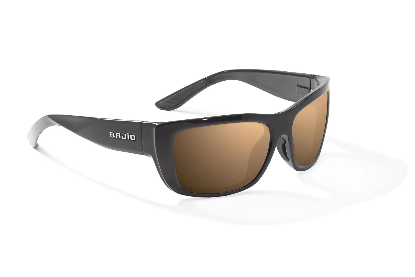 Bajío Annette Sunglasses - Angled View, Black Gloss Frame with Copper Lensv
