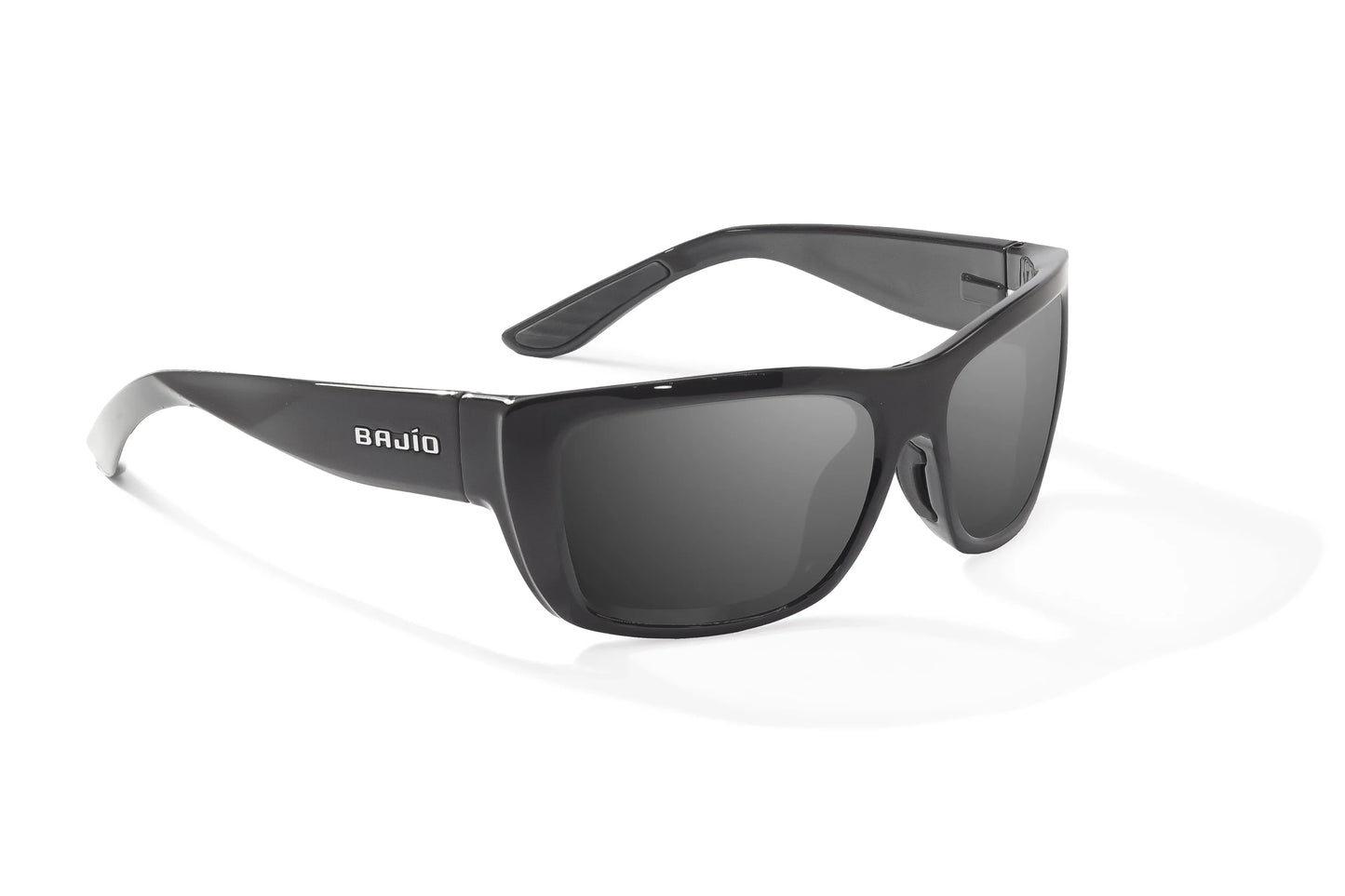 Bajío Annette Sunglasses - Angled View, Black Gloss Frame with Gray Lens