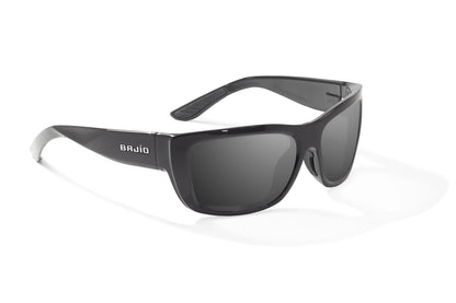Bajío Annette Sunglasses - Angled View, Black Gloss Frame with Gray Lens