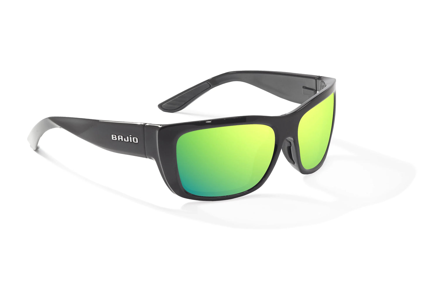 Bajío Annette Sunglasses - Angled View, Black Gloss Frame with Green Mirror Lens