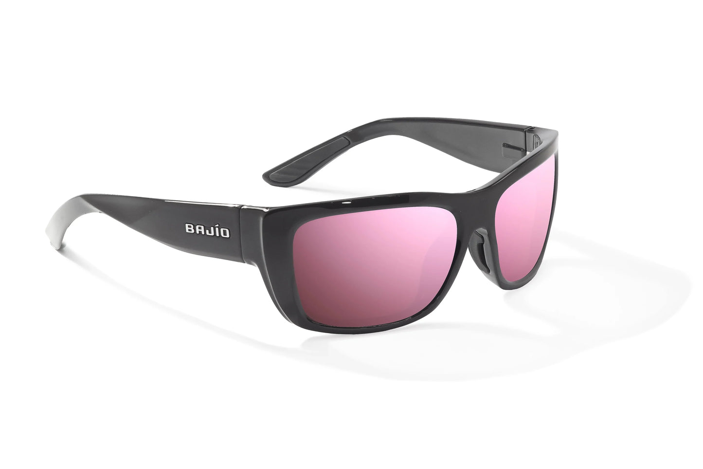 Bajío Annette Sunglasses - Angled View, Black Gloss Frame with Rose Mirror Lens