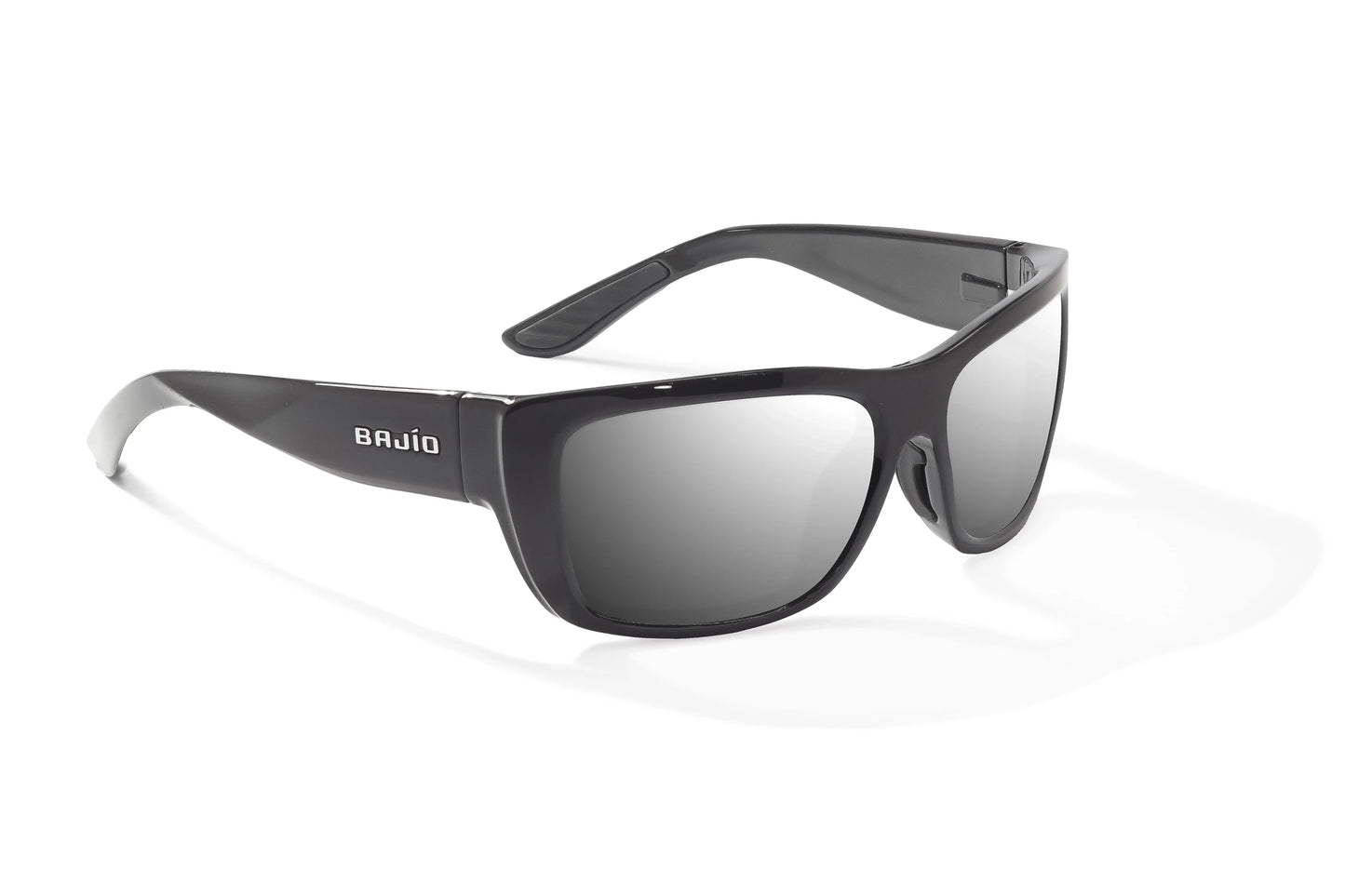 Bajío Annette Sunglasses - Angled View, Black Gloss Frame with Silver Mirror Lens
