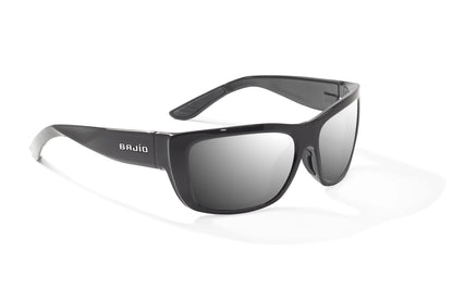 Bajío Annette Sunglasses - Angled View, Black Gloss Frame with Silver Mirror Lens