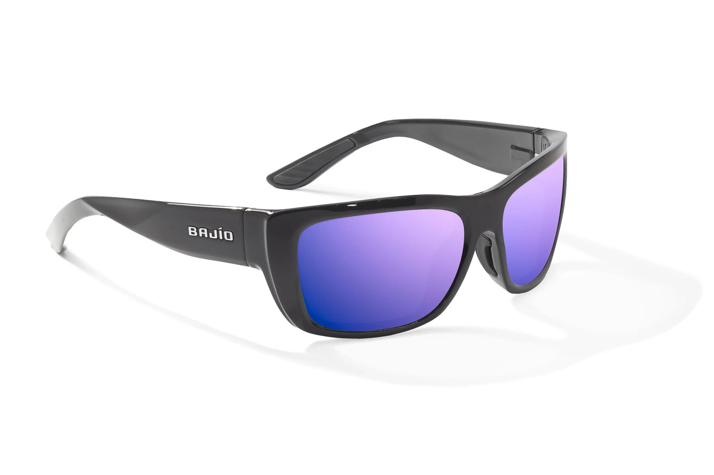 Bajío Annette Sunglasses - Angled View, Black Gloss Frame with Violet Mirror Lens