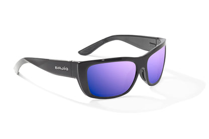 Bajío Annette Sunglasses - Angled View, Black Gloss Frame with Violet Mirror Lens