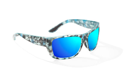 Bajío Annette Sunglasses - Angled View, Blue Ray Gloss Frame with Blue Mirror Lens