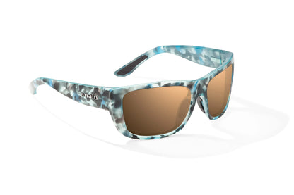 Bajío Annette Sunglasses - Angled View, Blue Ray Gloss Frame with Copper Lens