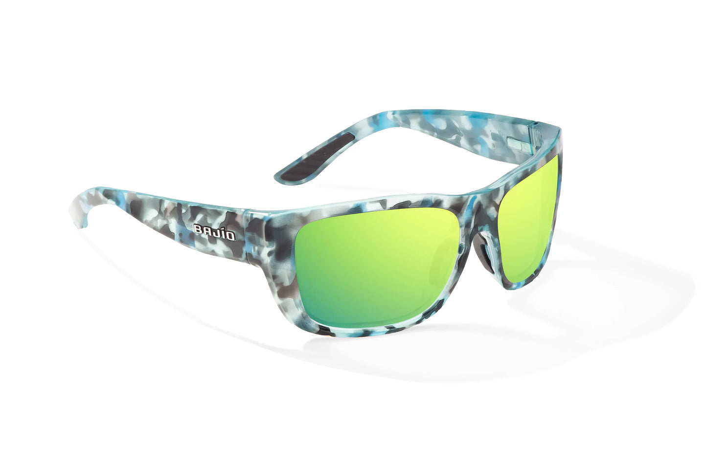 Bajío Annette Sunglasses - Angled View, Blue Ray Gloss Frame with Green Mirror Lens