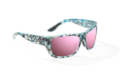Bajío Annette Sunglasses - Angled View, Blue Ray Gloss Frame with Rose Mirror Lens