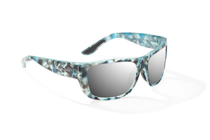 Bajío Annette Sunglasses - Angled View, Blue Ray Gloss Frame with Silver Mirror Lens
