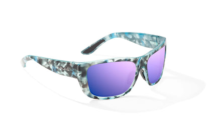 Bajío Annette Sunglasses - Angled View, Blue Ray Gloss Frame with Violet Mirror Lens