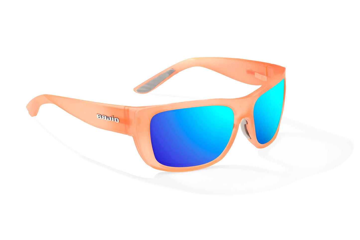 Bajío Annette Sunglasses - Angled View, Peach Glass Matte Frame with Blue Mirror Lens