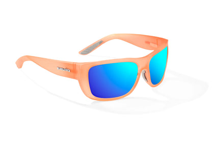 Bajío Annette Sunglasses - Angled View, Peach Glass Matte Frame with Blue Mirror Lens