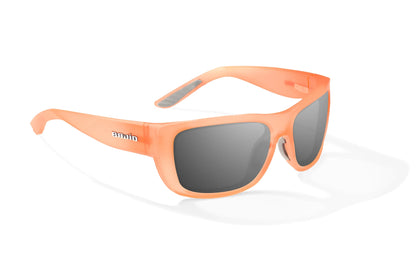 Bajío Annette Sunglasses - Angled View, Peach Glass Matte Frame with Gray Lens