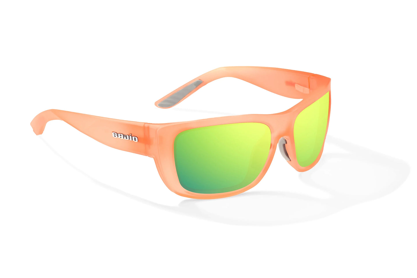 Bajío Annette Sunglasses - Angled View, Peach Glass Matte Frame with Green Mirror Lens