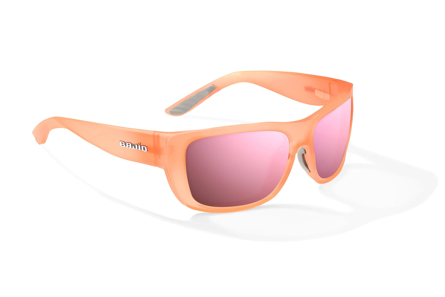 Bajío Annette Sunglasses - Angled View, Peach Glass Matte Frame with Rose Mirror Lens
