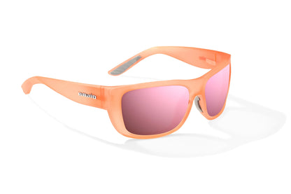 Bajío Annette Sunglasses - Angled View, Peach Glass Matte Frame with Rose Mirror Lens