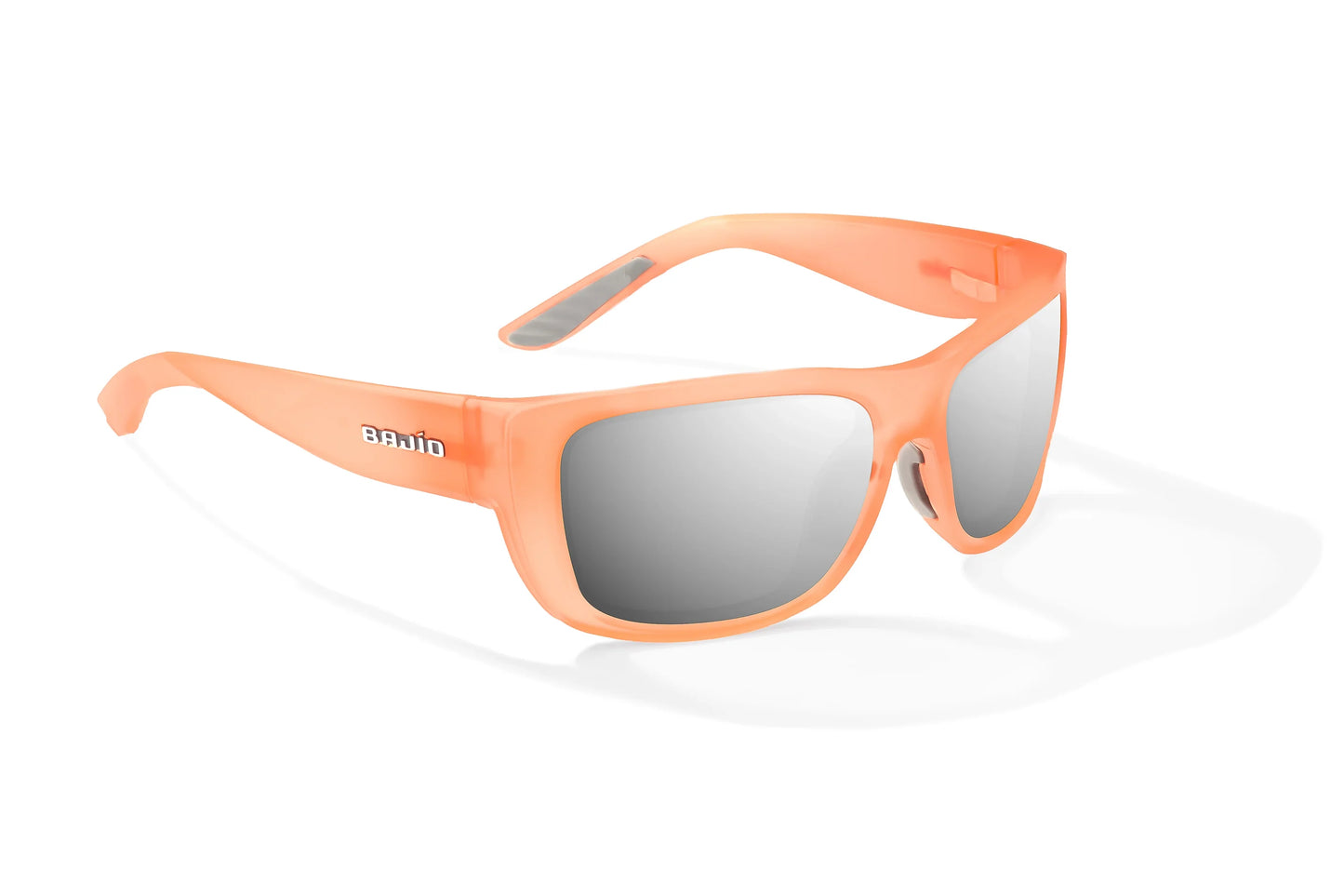 Bajío Annette Sunglasses - Angled View, Peach Glass Matte Frame with Silver Mirror Lens