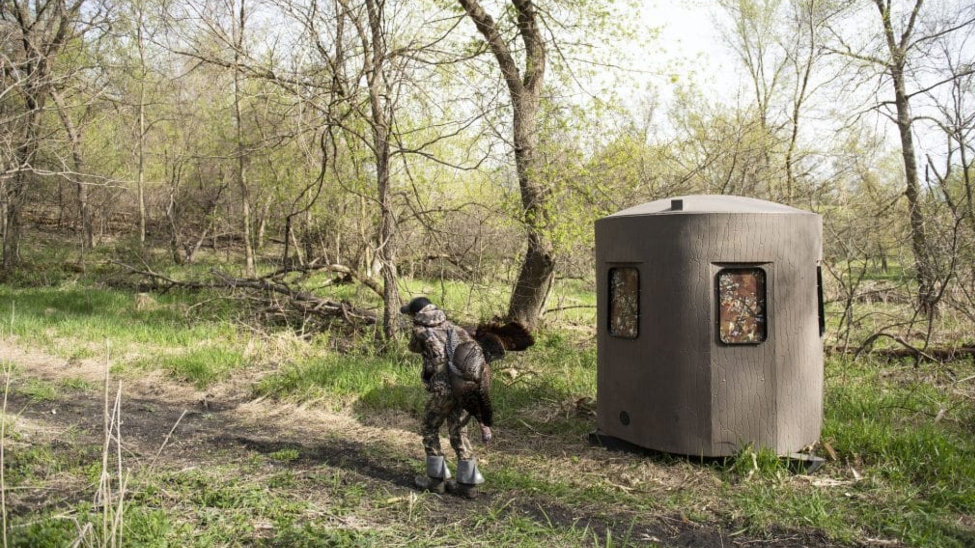 Outdoor, outside view of man and banks hunting blind, The Stump