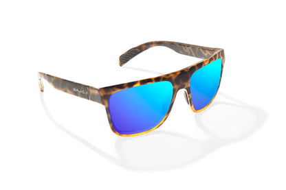 Caballo Sunglasses - Angled View, Brown Turtle Gloss Frame with Blue Mirror Lens