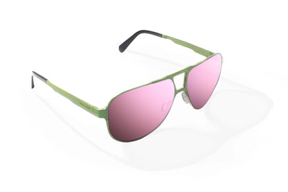 Bajio Clink Sunglasses - Angled View, Army Green Matte Frame with Rose Mirror Lens