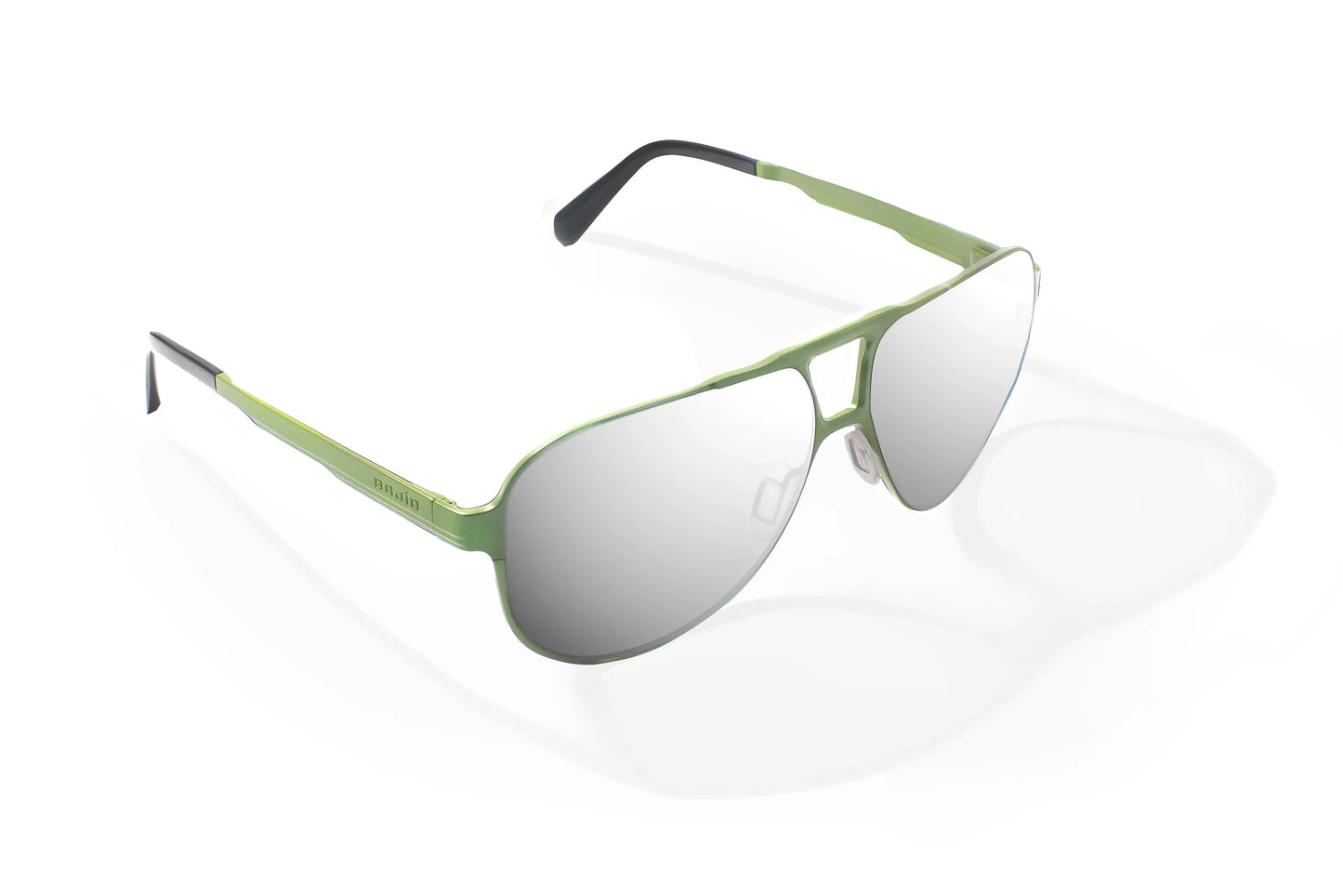 Bajio Clink Sunglasses - Angled View, Army Green Matte Frame with Silver Mirror Lens