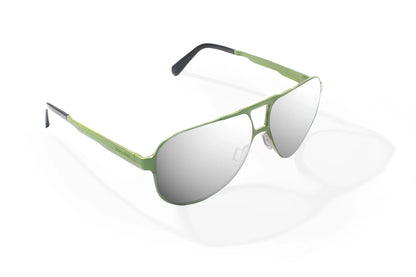 Bajio Clink Sunglasses - Angled View, Army Green Matte Frame with Silver Mirror Lens