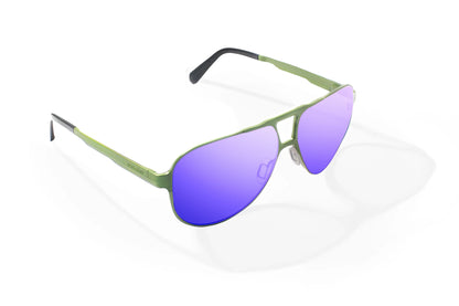 Bajio Clink Sunglasses - Angled View, Army Green Matte Frame with Violet Mirror Lens