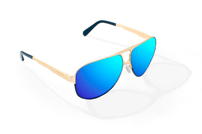 Bajio Clink Sunglasses - Angled View, Gold/Black Fade Matte Frame with Blue Mirror Lens