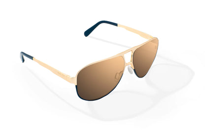 Bajio Clink Sunglasses - Angled View, Gold/Black Fade Matte Frame with Copper Lens