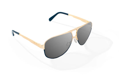 Bajio Clink Sunglasses - Angled View, Gold/Black Fade Matte Frame with Gray Lens