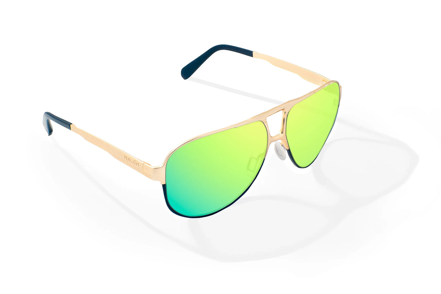 Bajio Clink Sunglasses - Angled View, Gold/Black Fade Matte Frame with Green Mirror Lens