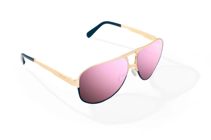 Bajio Clink Sunglasses - Angled View, Gold/Black Fade Matte Frame with Rose Mirror Lens