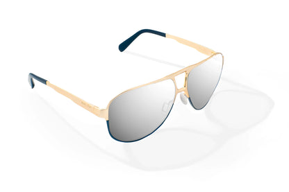Bajio Clink Sunglasses - Angled View, Gold/Black Fade Matte Frame with Silver Mirror Lens