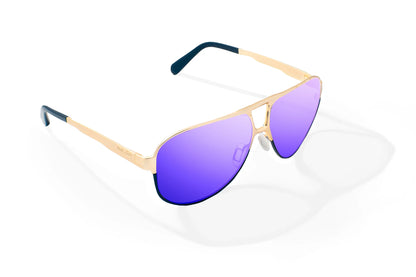 Bajio Clink Sunglasses - Angled View, Gold/Black Fade Matte Frame with Violet Mirror Lens