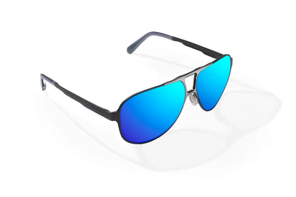 Bajio Clink Sunglasses - Angled View, Gunmetal Matte Frame with Blue Mirror Lens