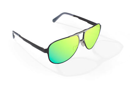 Bajio Clink Sunglasses - Angled View, Gunmetal Matte Frame with Green Mirror Lens
