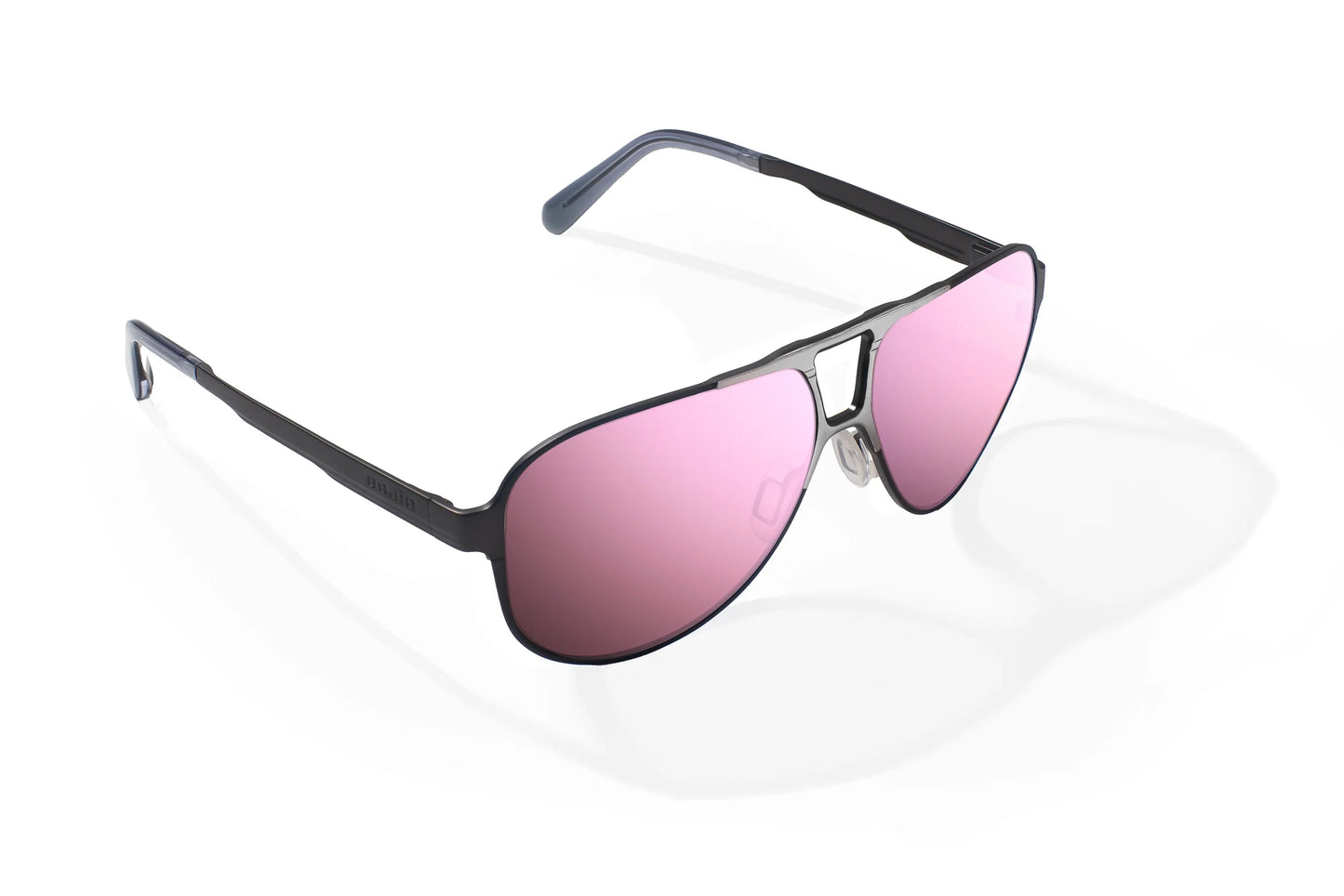 Bajio Clink Sunglasses - Angled View, Gunmetal Matte Frame with Rose Mirror Lens