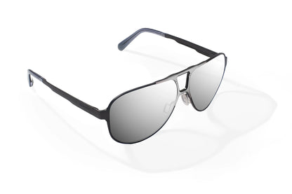 Bajio Clink Sunglasses - Angled View, Gunmetal Matte Frame with Silver Mirror Lens