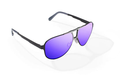 Bajio Clink Sunglasses - Angled View, Gunmetal Matte Frame with Violet Mirror Lens