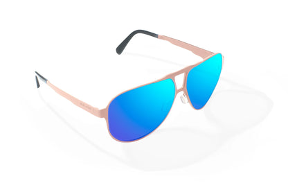 Bajio Clink Sunglasses - Angled View, Taupe Matte Frame with Blue Mirror Lens