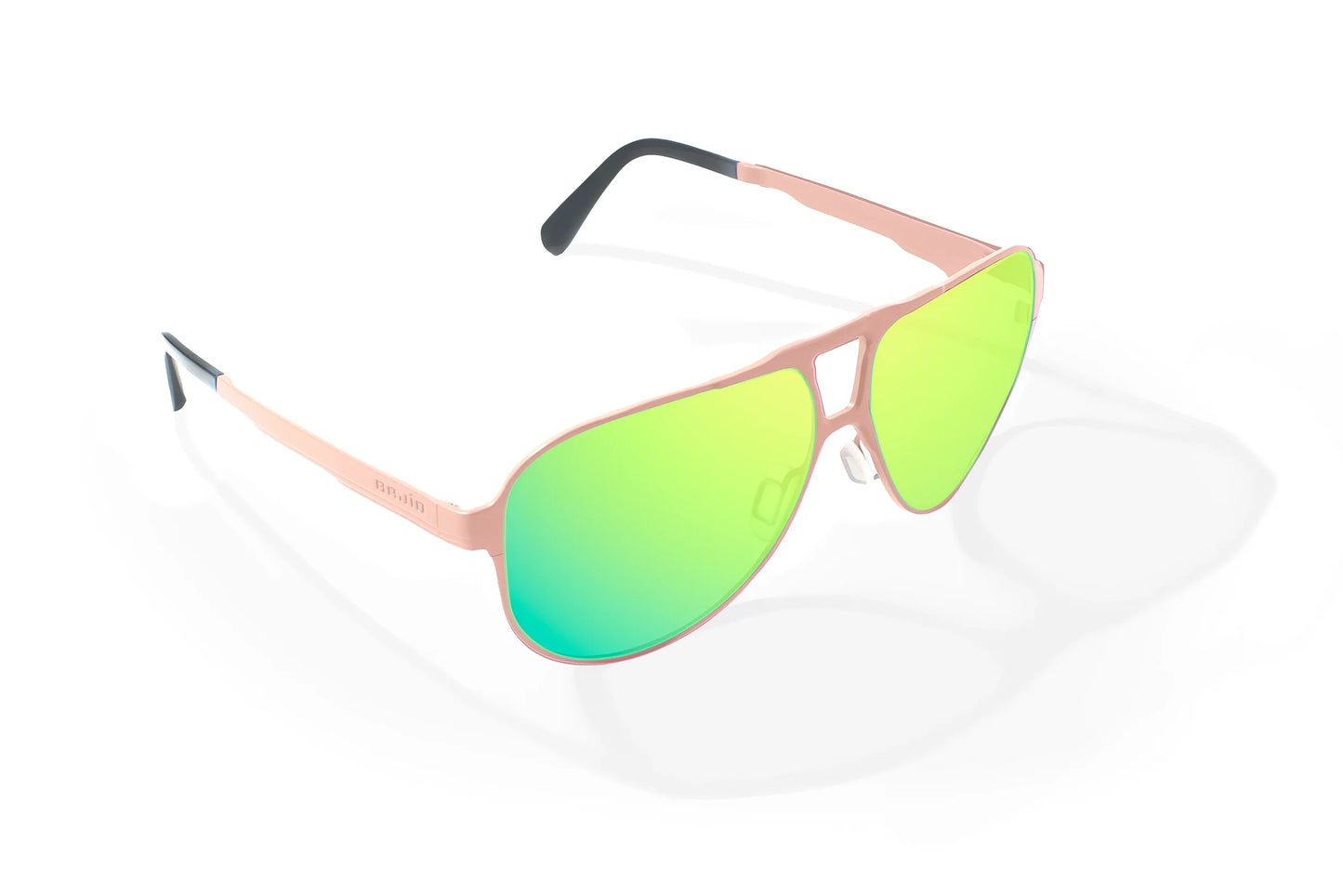 Bajio Clink Sunglasses - Angled View, Taupe Matte Frame with Green Mirror Lens