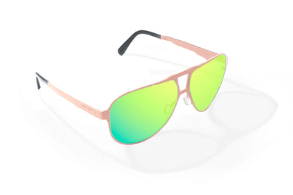 Bajio Clink Sunglasses - Angled View, Taupe Matte Frame with Green Mirror Lens