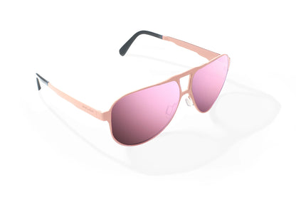 Bajio Clink Sunglasses - Angled View, Taupe Matte Frame with Rose Mirror Lens